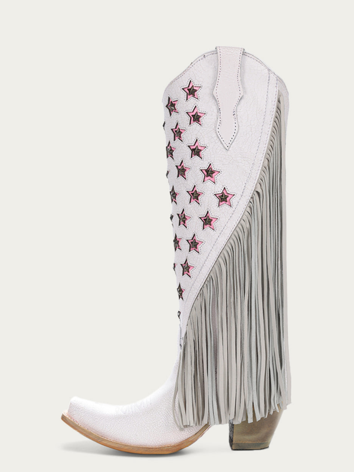 White Crinkle Star Studs Pink Inlay Fringe Snip-Toe Wide Mid Calf Tall Cowgirl Boots