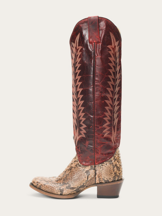 Contrast Red And Snakeskin Round-Toe Embroidery Full-Zip Mid Calf Cowgirl Boots