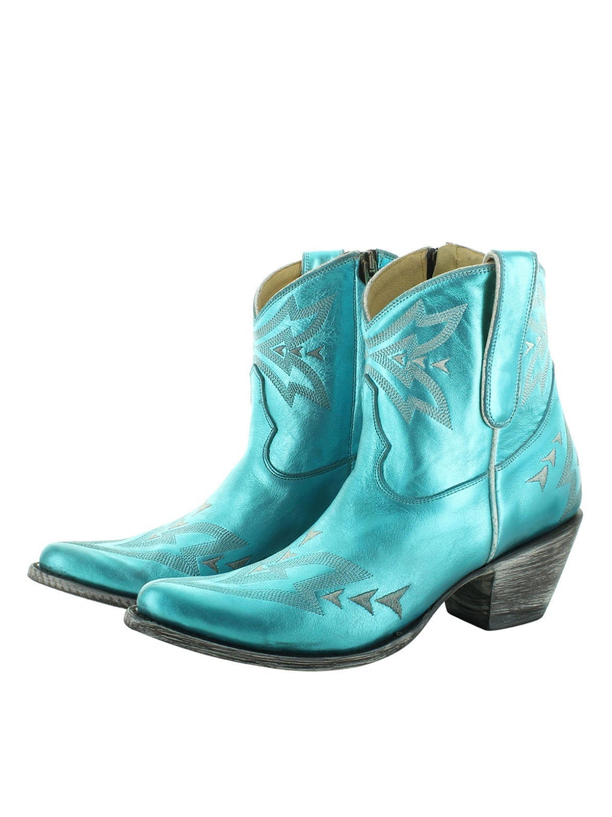 Metallic Almond-Toe Embroidery Full-Zip Mid Calf Cowgirl Boots - Turquoise