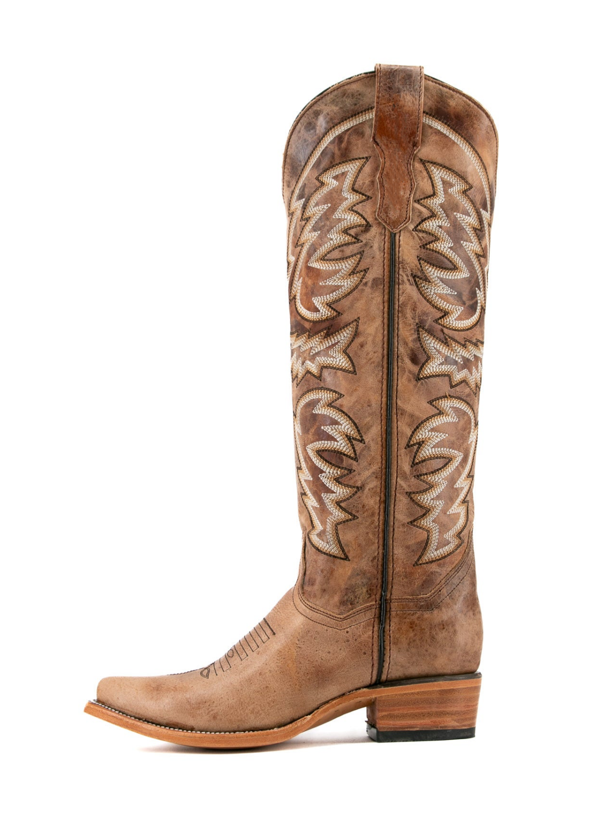 Distressed Amber Snip-Toe Embroidery Wide Calf Knee High Tall Cowgirl Boots