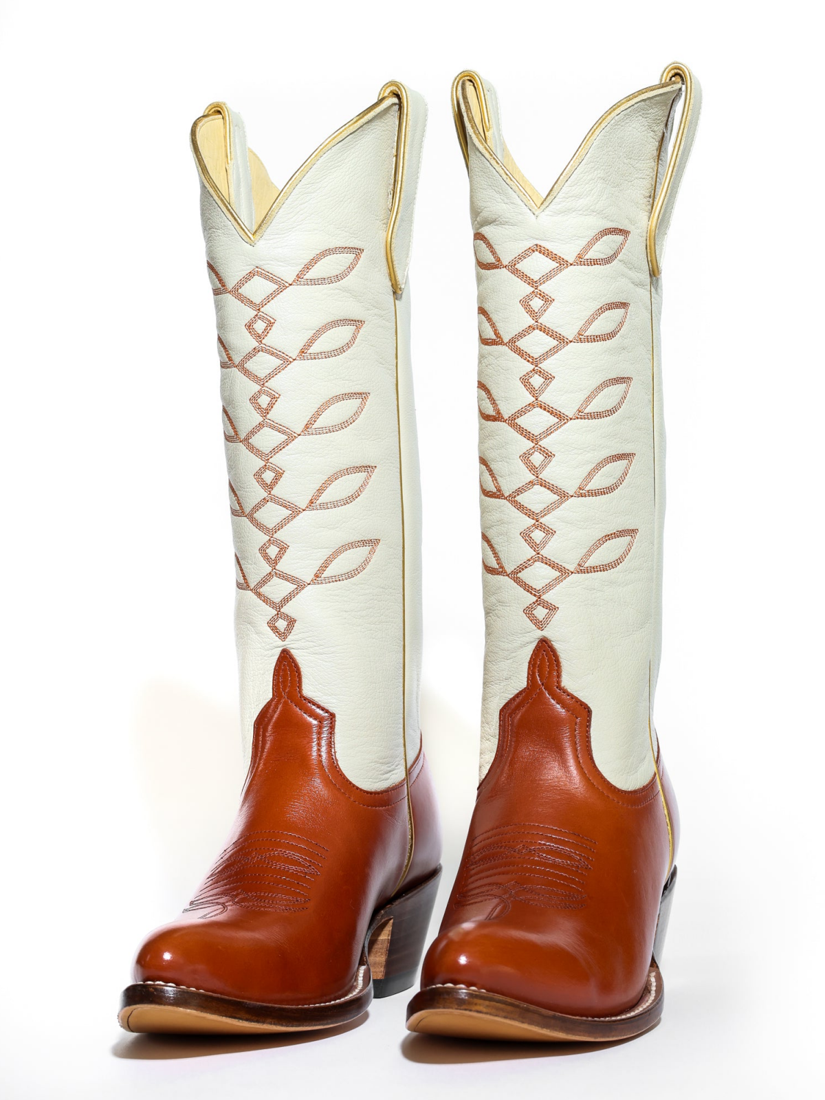 Contrast Cream And Burnt Orange Almond-Toe Embroidery Wide Mid Calf Tall Cowgirl Boots