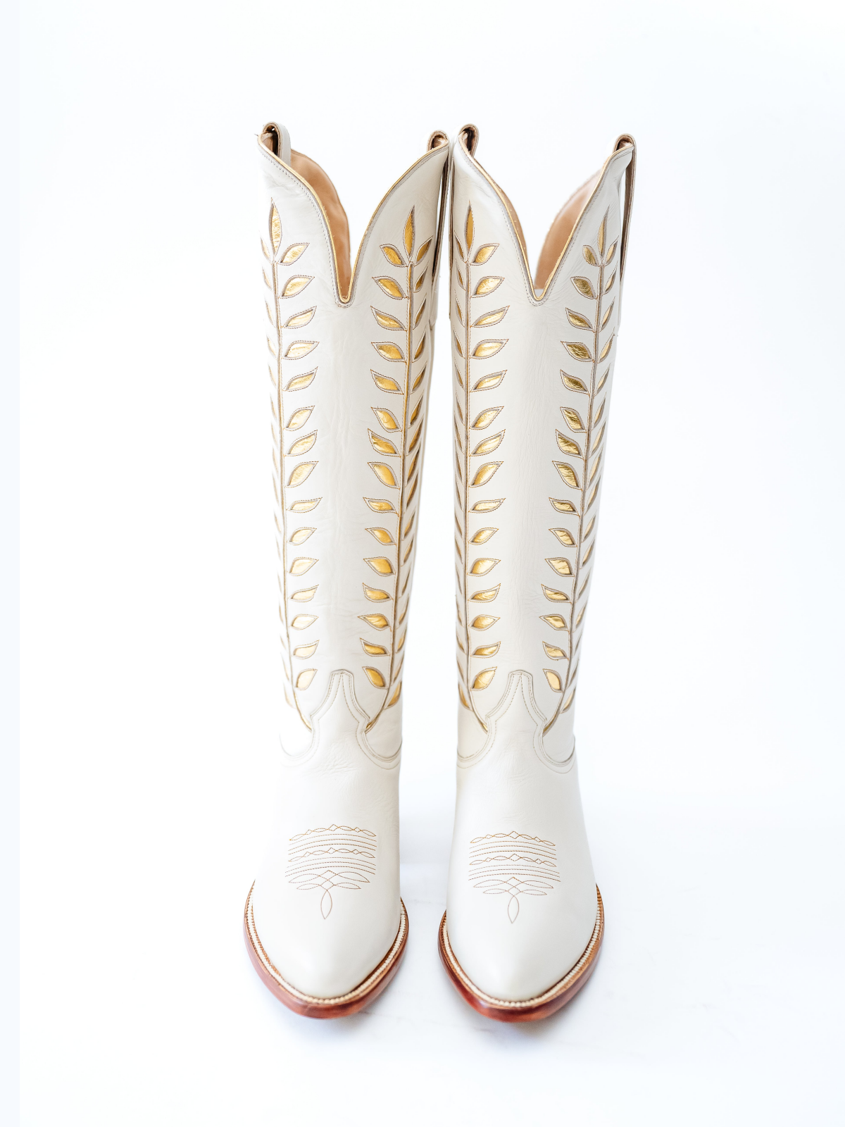 Almond-Toe Metallic Gold Leaves Inlay Wide Calf Tall Knee High Cowgirl Boots - White