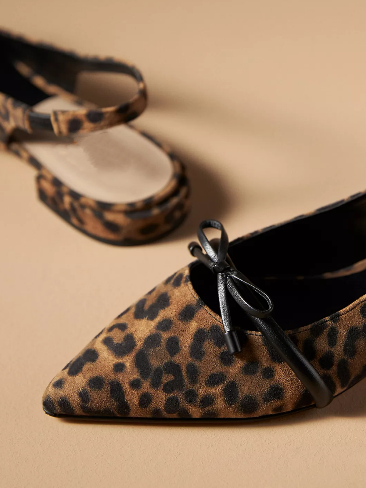 Leopard Faux Suede Pointed-Toe Bow Slingback Flats