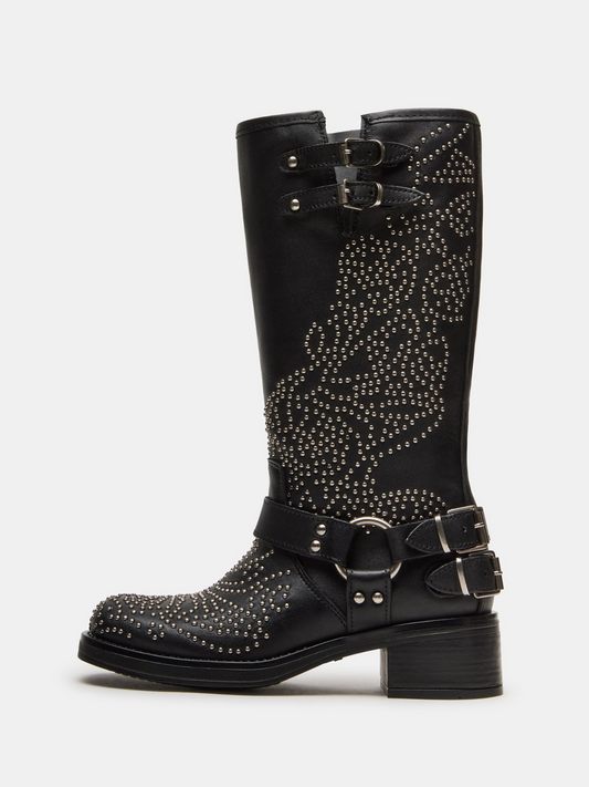 Black Square-Toe Studded Wide Mid Calf Cowgirl Boots With Buckles