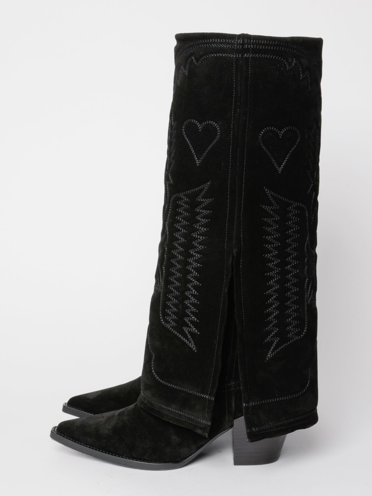 Fold-Over Panel Eagle And Heart Embroidery Snip-Toe Wide Mid Calf Boots - Black Faux Suede