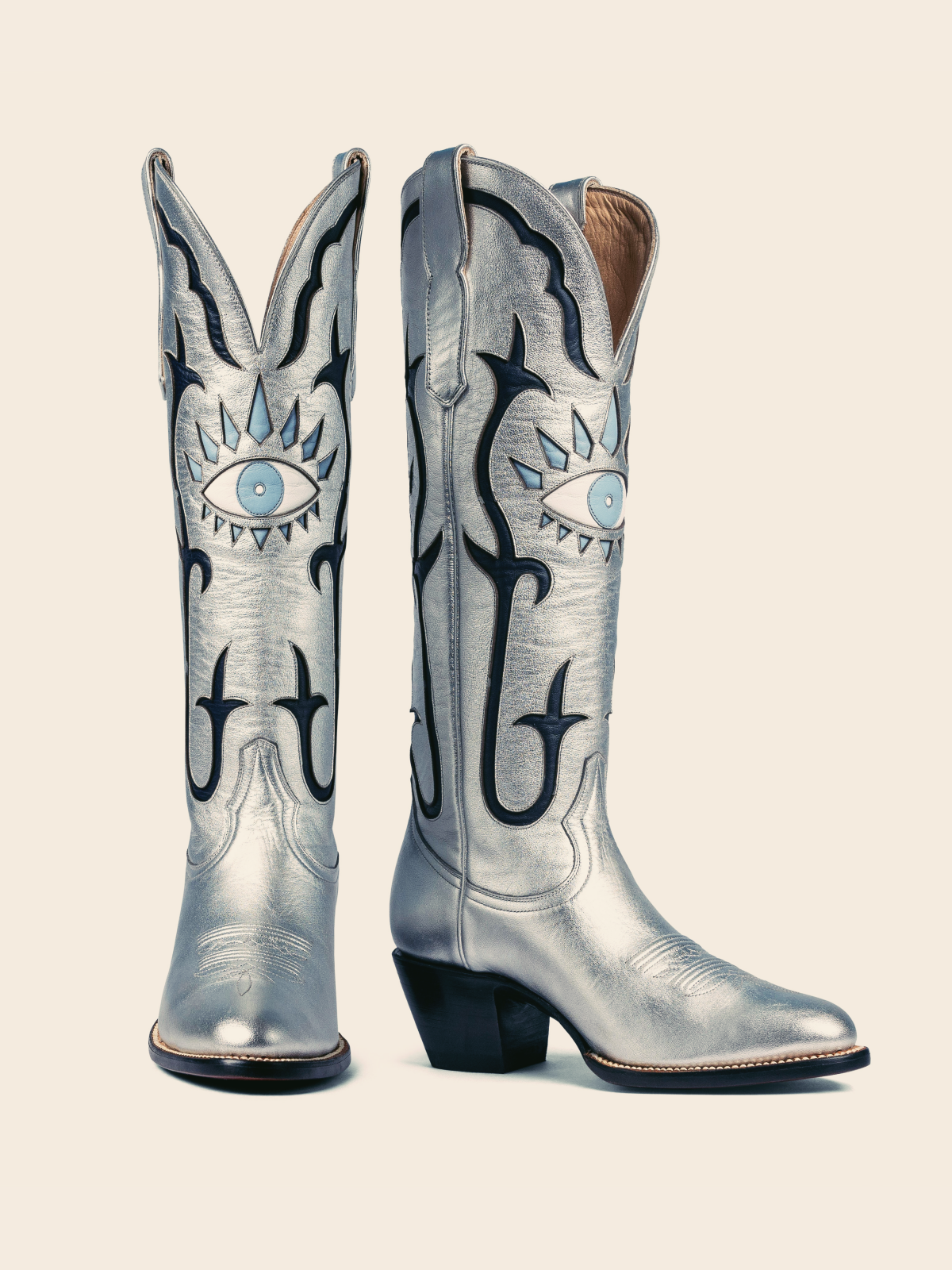 Metallic Silver Evil Eye Inlay Almond-Toe Wide Mid Calf Western Cowgirl Tall Boots