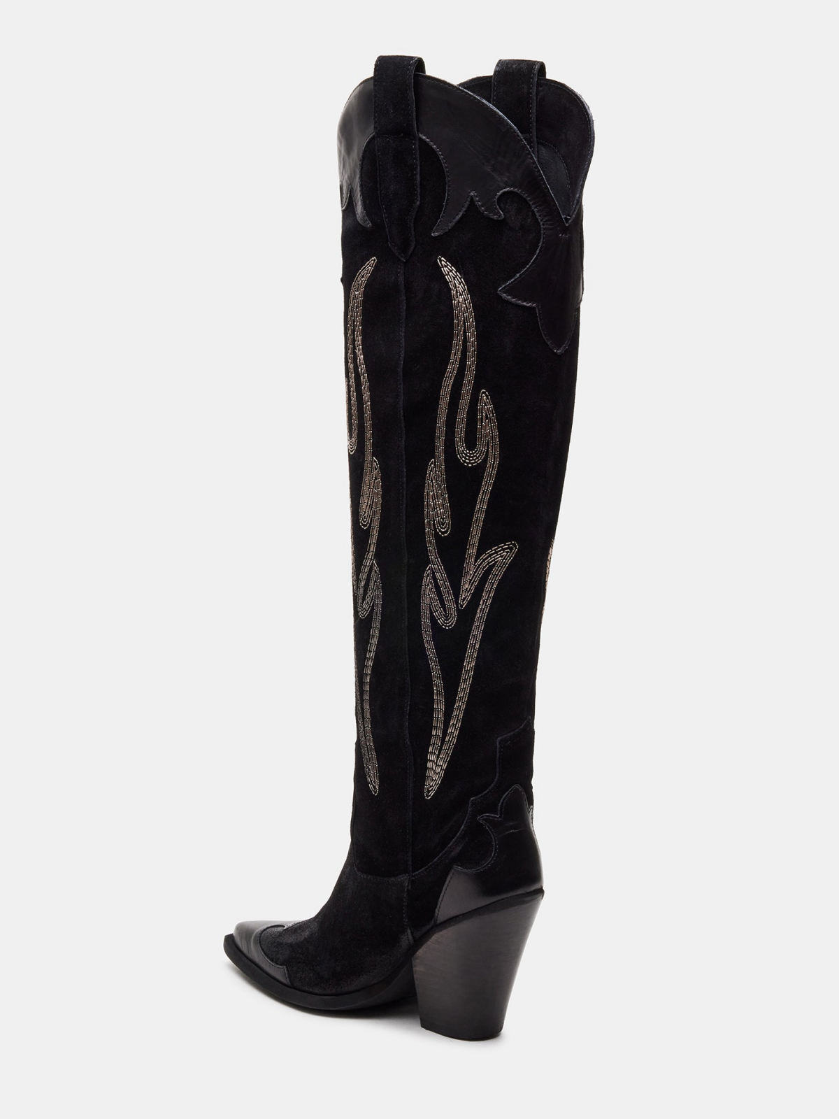 Black Contrast Vegan Leather And Faux Suede Pointed-Toe Applique Embroidery Wide Calf Tall Keen High Cowgirl Boots