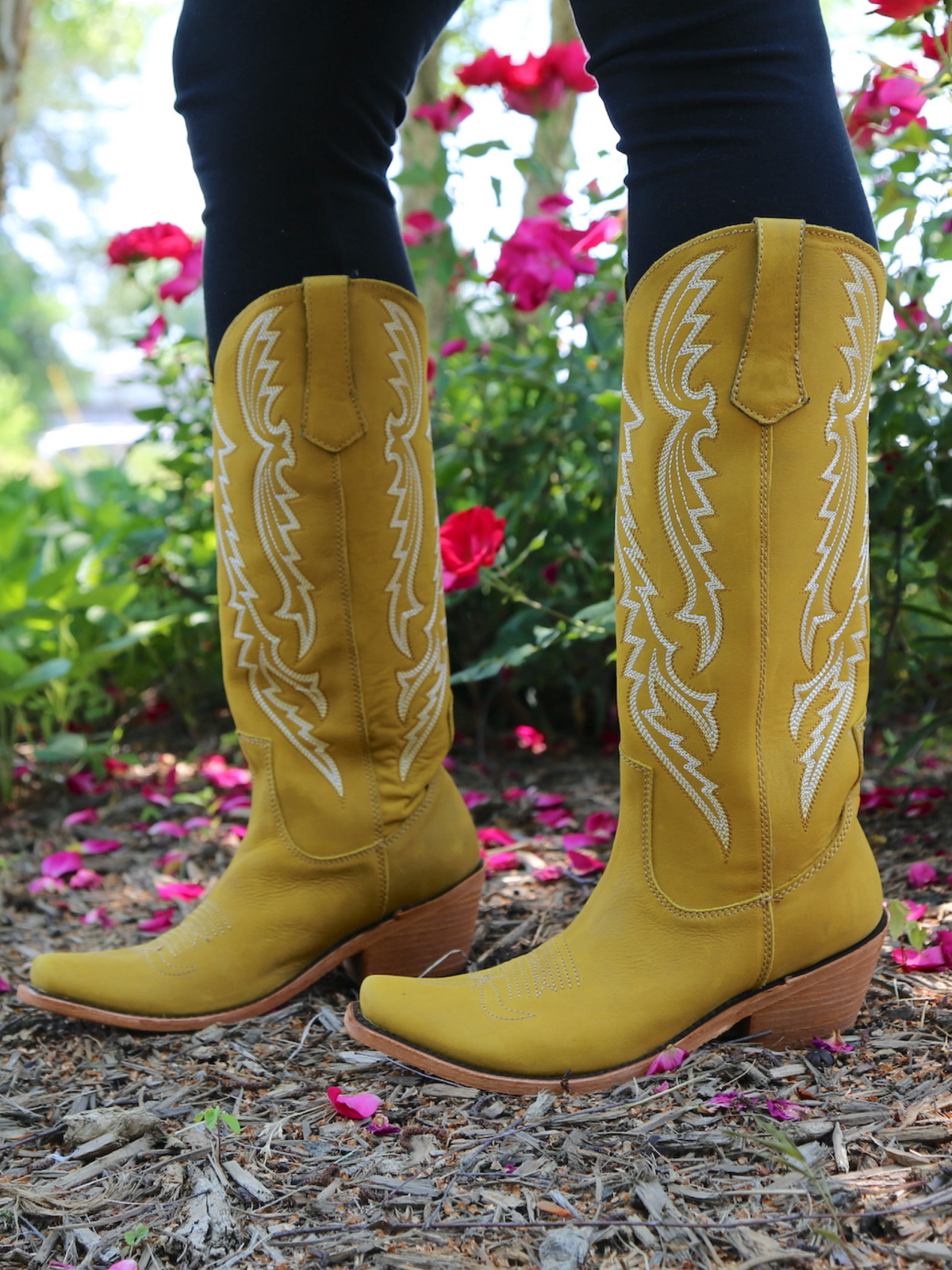 Star And Feather Embroidery Snip-Toe Wide Calf Tall Knee High Cowgirl Boots - Yellow