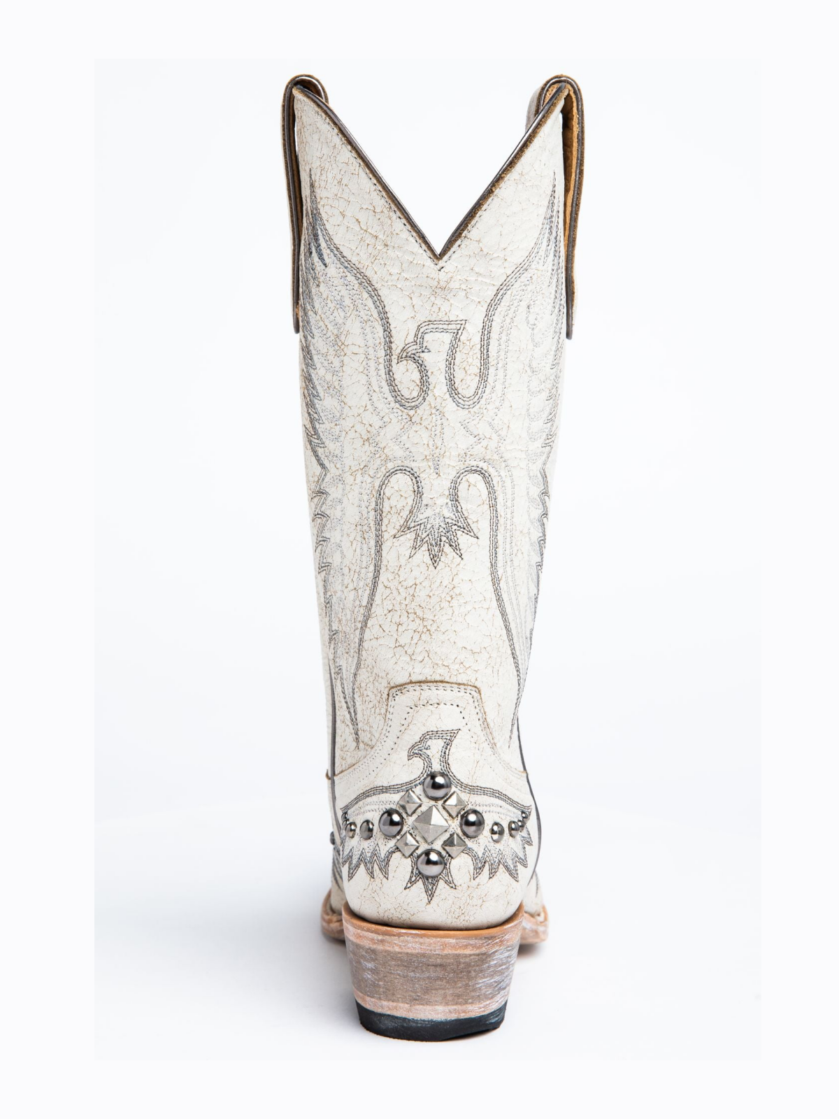 Distressed White Snip-Toe Studded Eagle Embroidery Wide Mid Calf Tall Cowgirl Boots