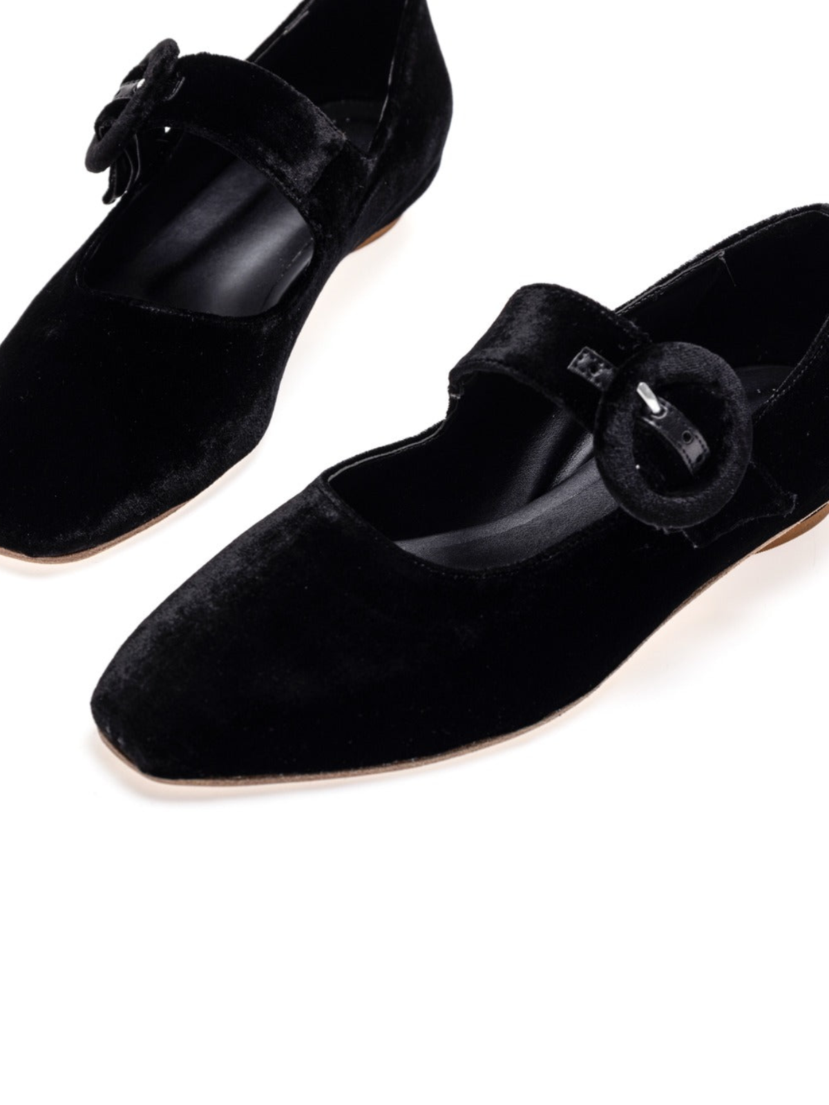 Black Velvet Elongated Ballet Flats Mary Janes With Oversized Buckle