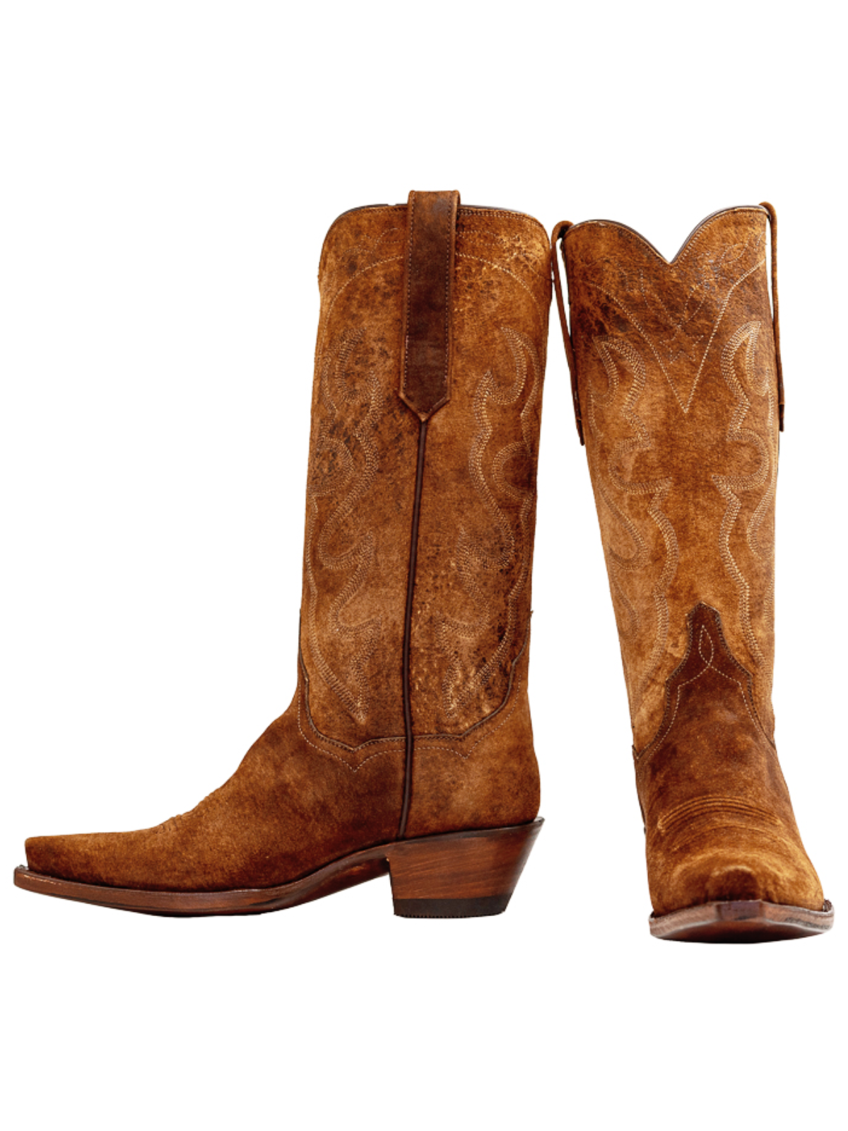 Brown Faux Suede Snip-Toe Embroidery Wide Mid Calf Tall Cowgirl Boots