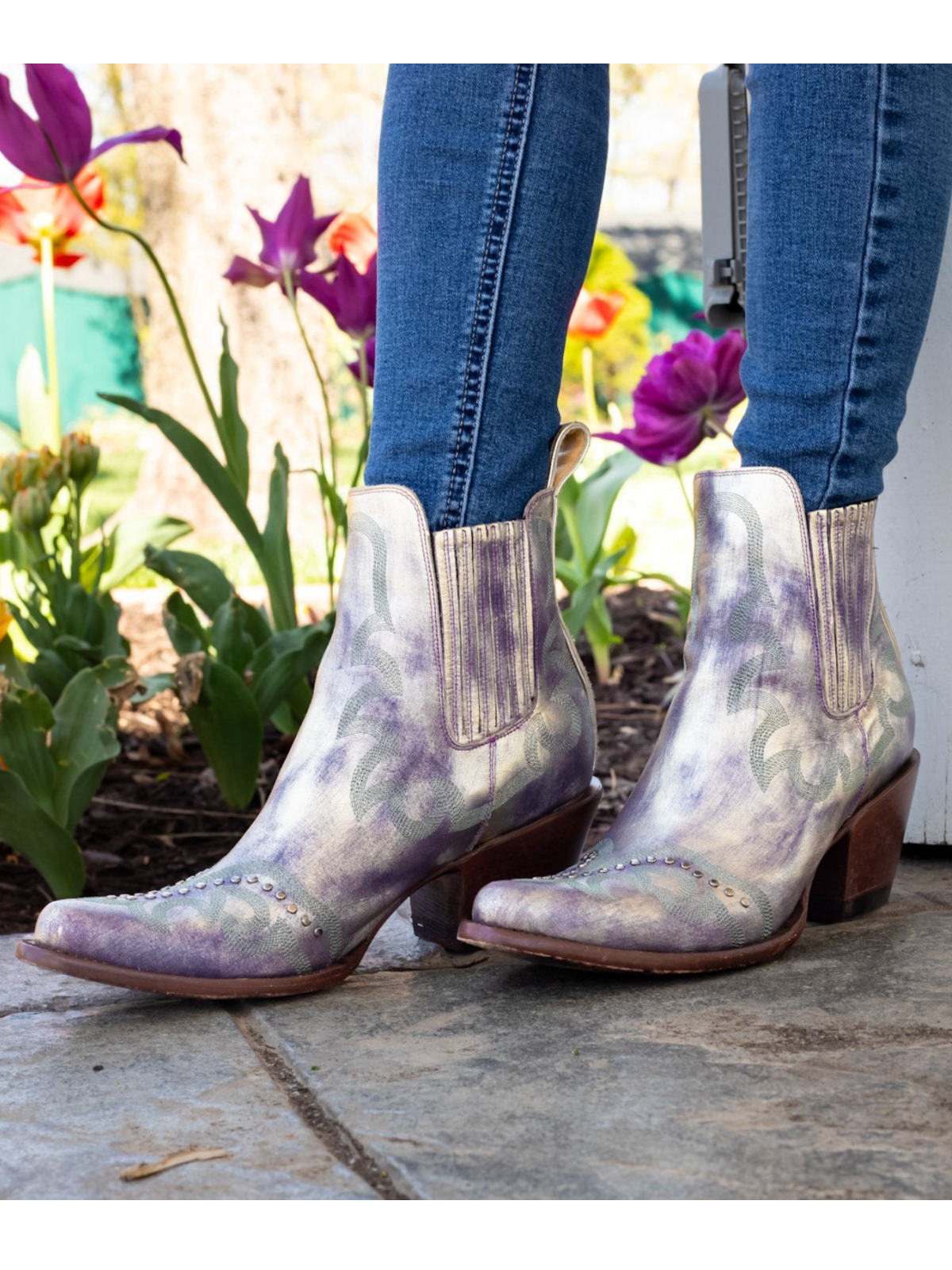 Metallic Almond-Toe Studded Embroidery Wide Mid Calf Cowgirl Boots - Lavender