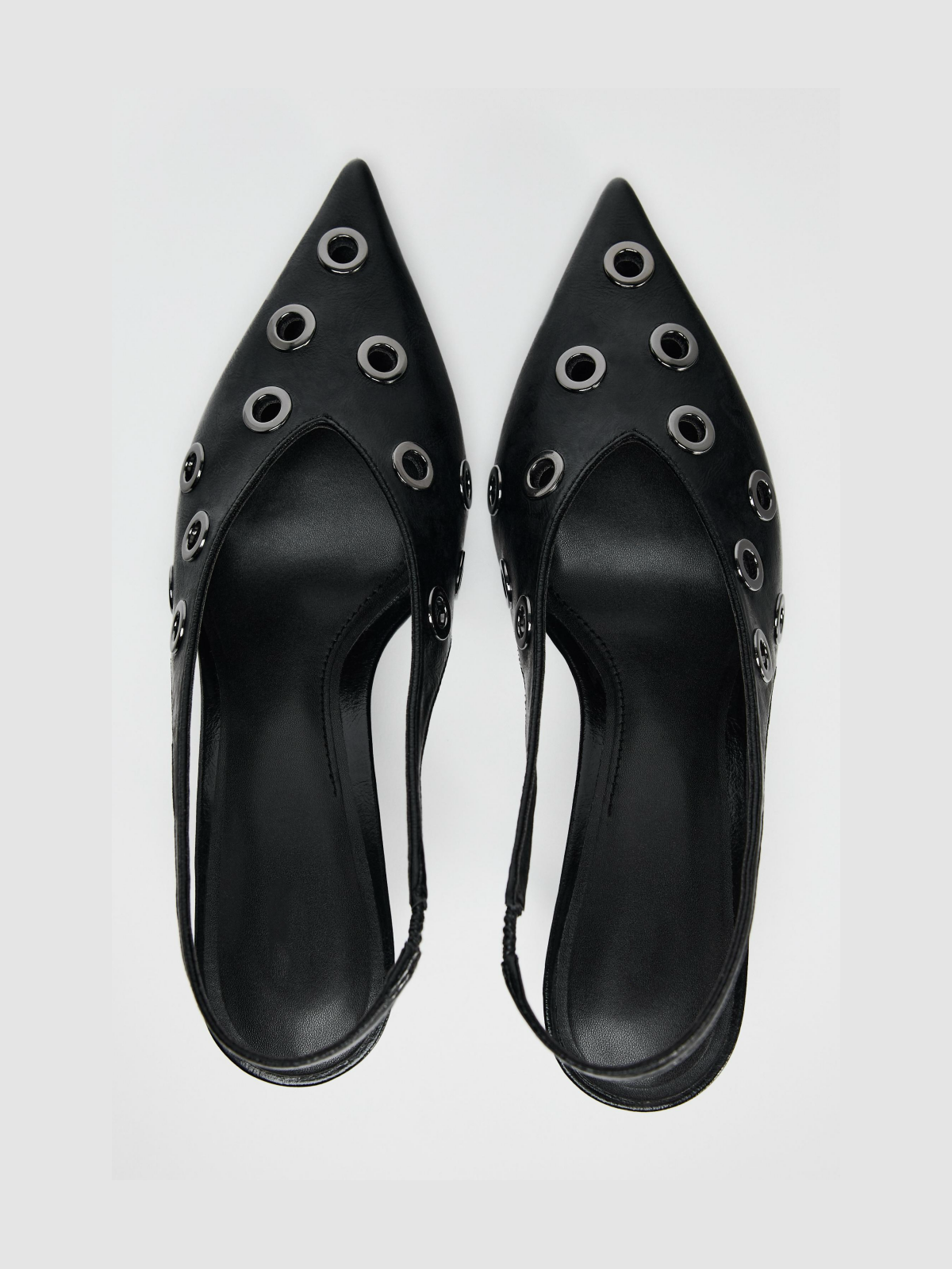 Black Pointed-Toe Slingback Kitten Heels With Grommets