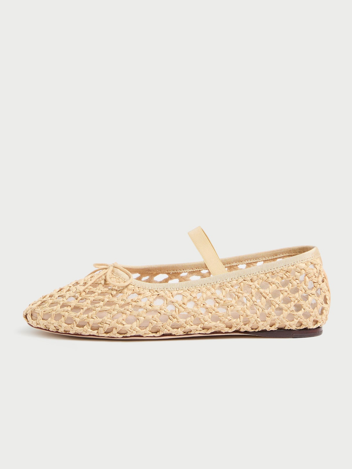 Beige Almond-Toe Straw-Woven Elastic Bridge Strap Bow Mesh Ballet Flats