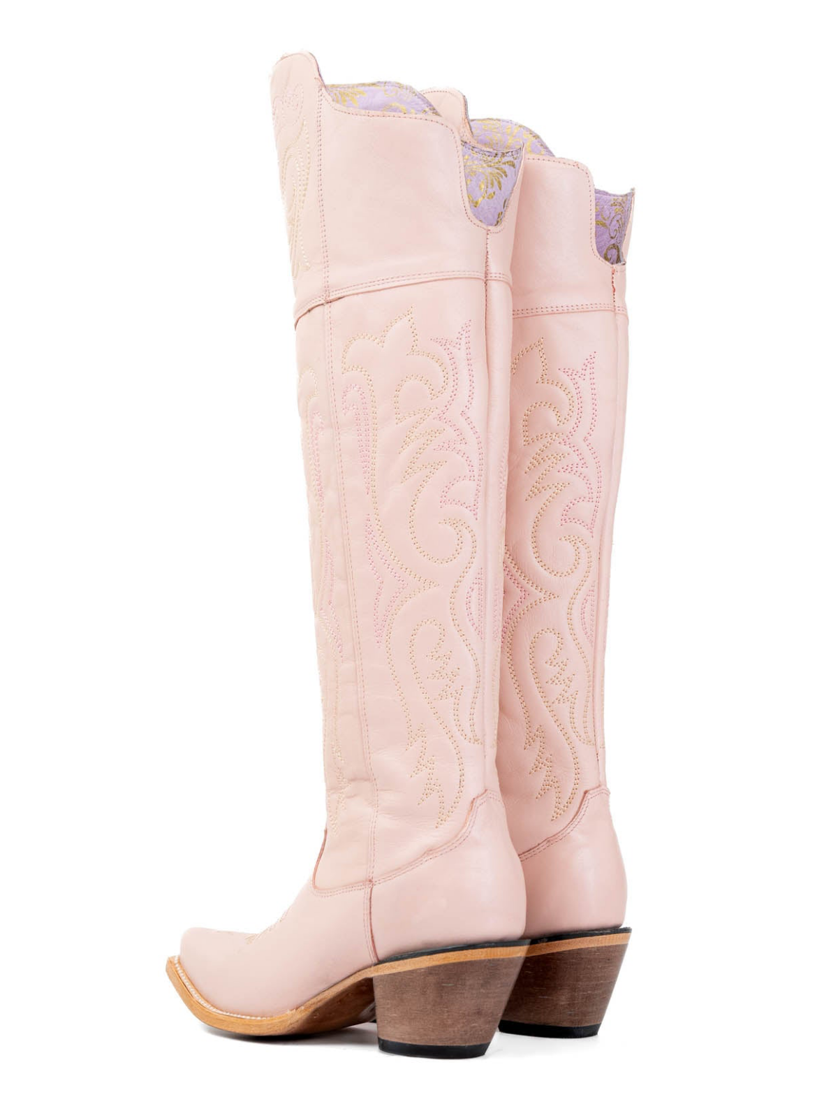 Light Pink Snip-Toe Half-Zip Embroidery Tall Knee High Cowgirl Boots