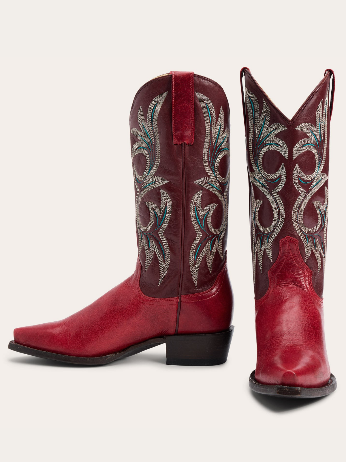 Contrast Red And Wine Red Snip-Toe Embroidery Wide Mid Calf Cowgirl Boots