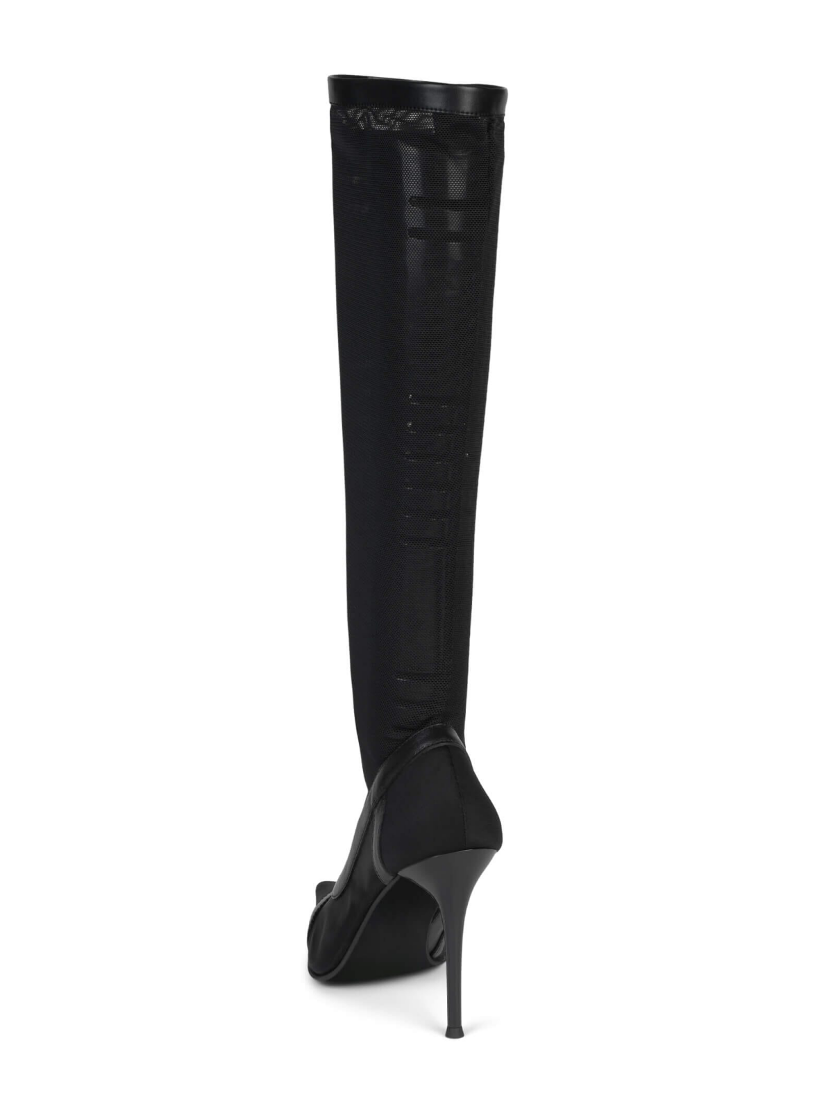 Black Pointed-Toe Full-Zip Mid Calf Stretch Mesh Stiletto Boots With Vegan Leather Contrast