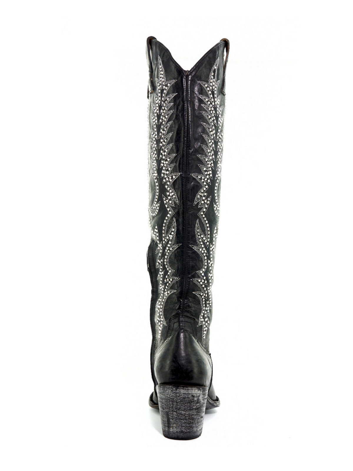 Black Almond-Toe Crystal Embroidery Half-Zip Tall Knee High Cowgirl Boots