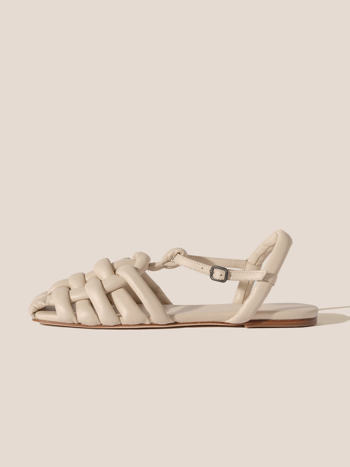 Ivory Padded Strap Interwined Square-Toe Flats Sandals With Ankle T-Strap