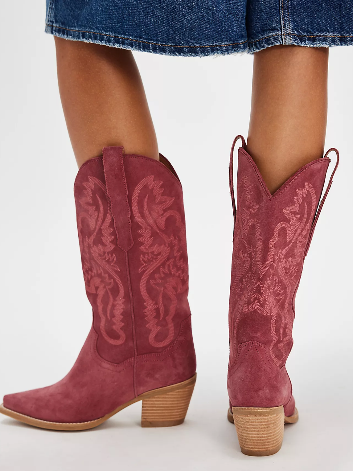 Pink Faux Suede Snip-Toe Embroidery Wide Mid Calf Cowgirl Boots