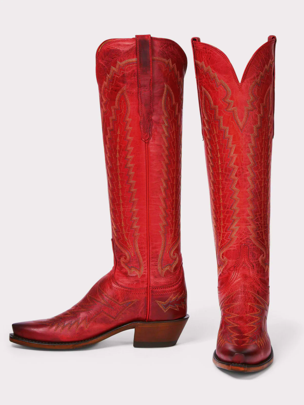 Crinkle Snip-Toe Embroidery Wide Calf Knee High Tall Cowgirl Boots - Red