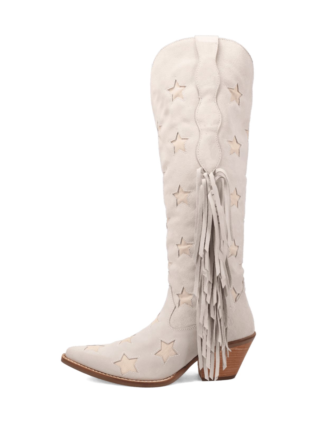 Ivory Faux Suede Snip-Toe Fringe Star Inlay Wide Calf Knee High Tall Cowgirl Boots