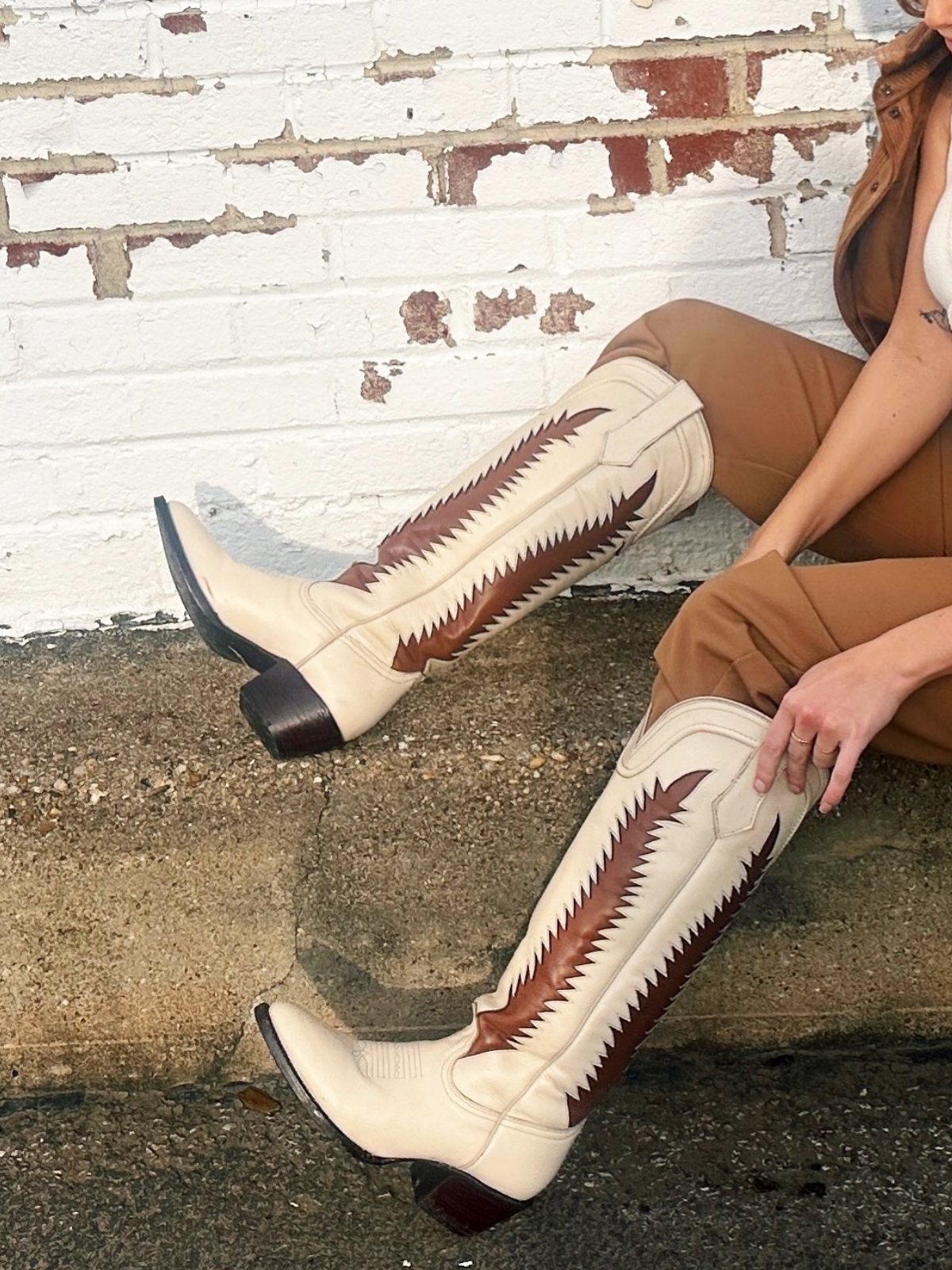 Tan Inlay Almond-Toe Wide Calf Knee High Tall Cowgirl Boots - Ivory