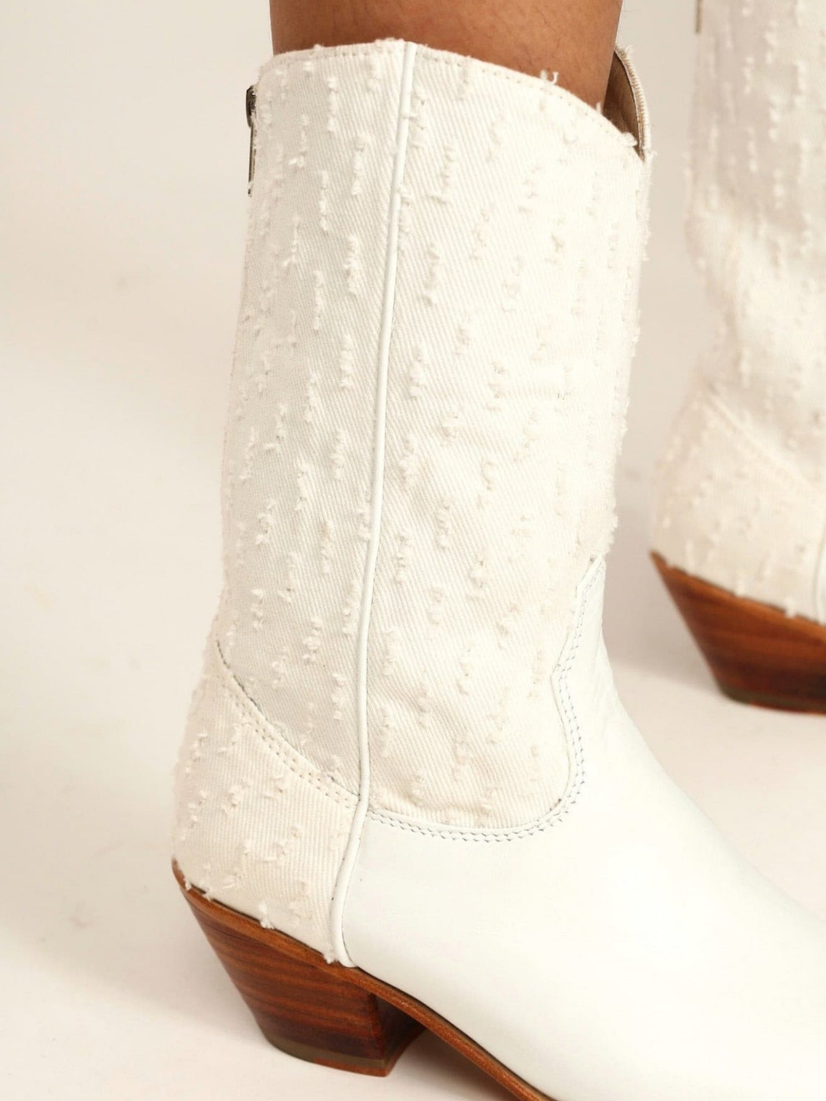 White Denim And Vegan Leather Almond-Toe Back-Zip Mid Calf Cowgirl Boots