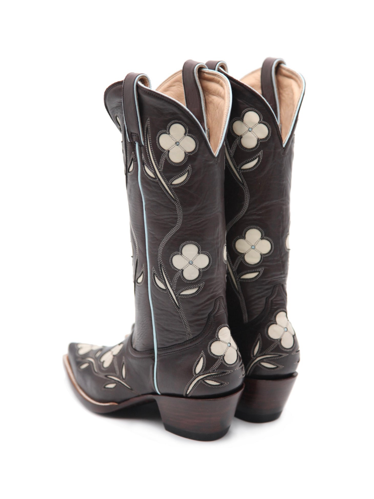 White Flower Inlay Pointed-Toe Wide Mid Calf Tall Cowgirl Boots In Chocolate