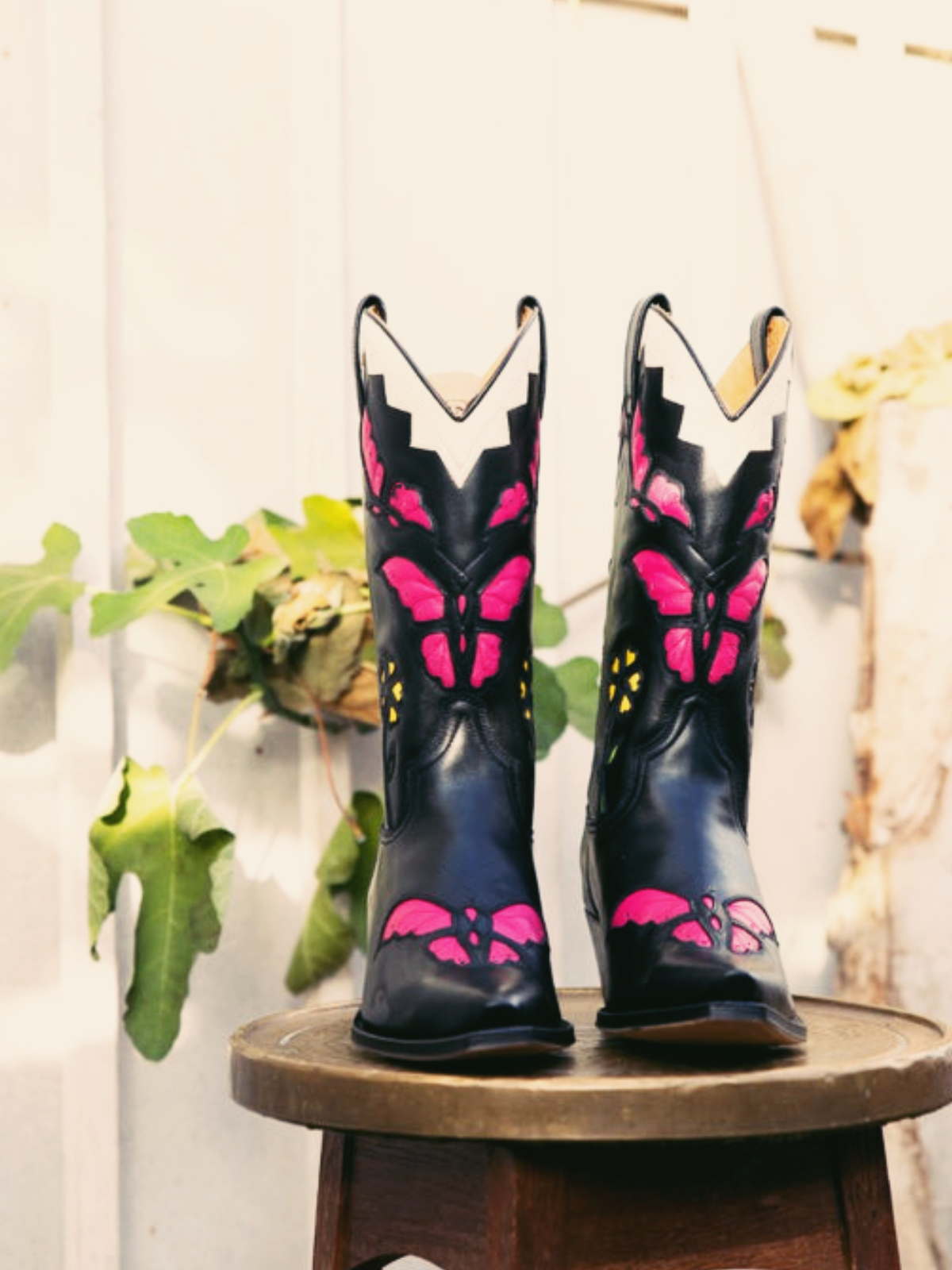 Black Pointed-Toe Wide Mid Calf Western Boots Cowgirl Boots With Pink Butterfly Inlay