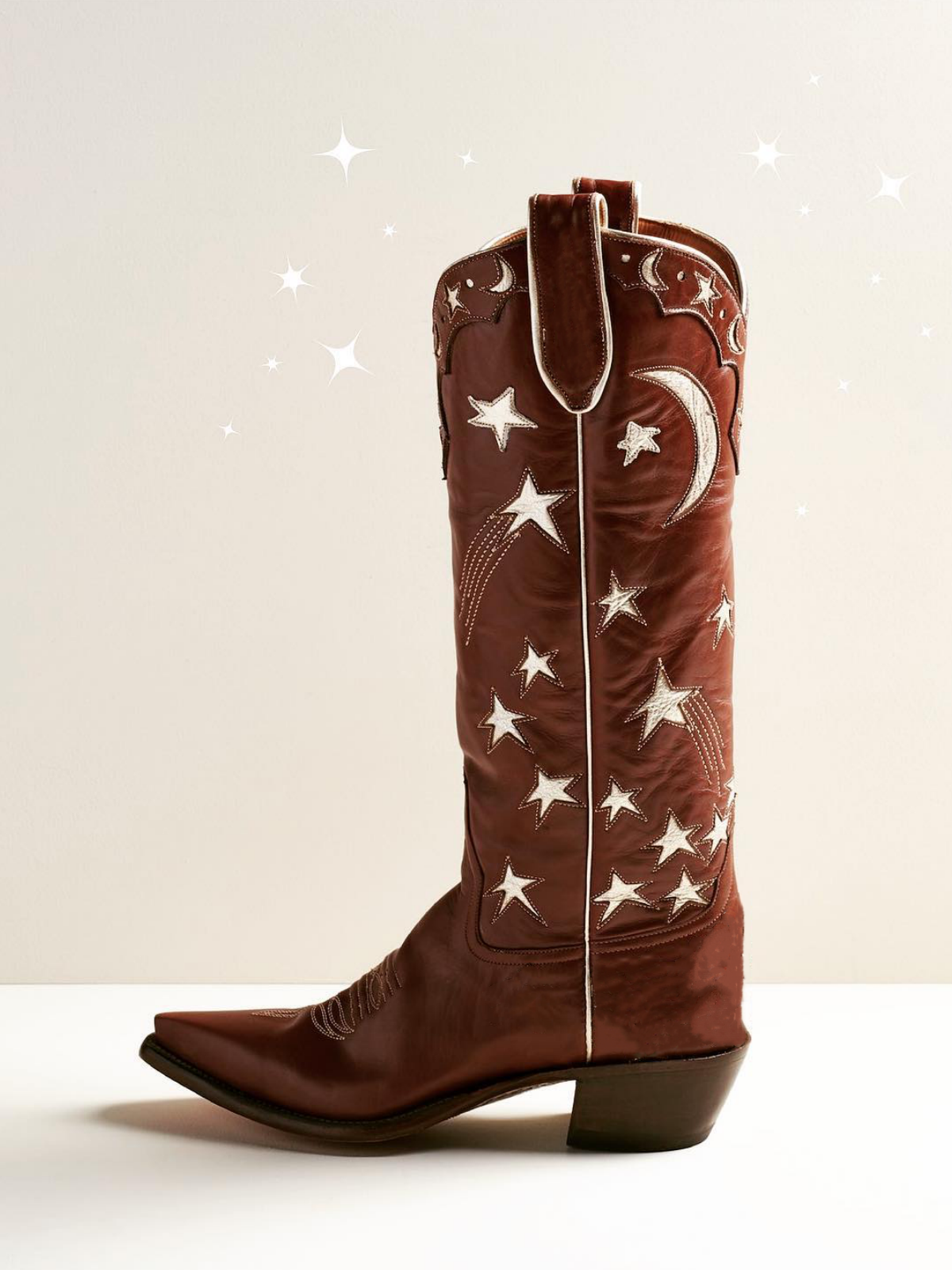 Metallic Moon Star Inlay Applique Mid Calf Cowgirl Tall Boots - Brown / Pale Gold