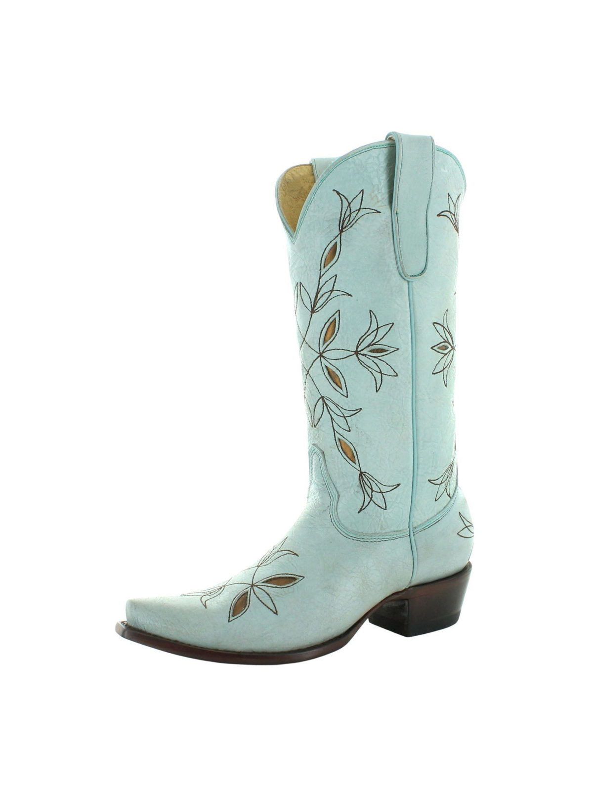 Light Green Floral Inlay Stitch Snip-Toe Cowgirl Boots Wide Calf Western Boots