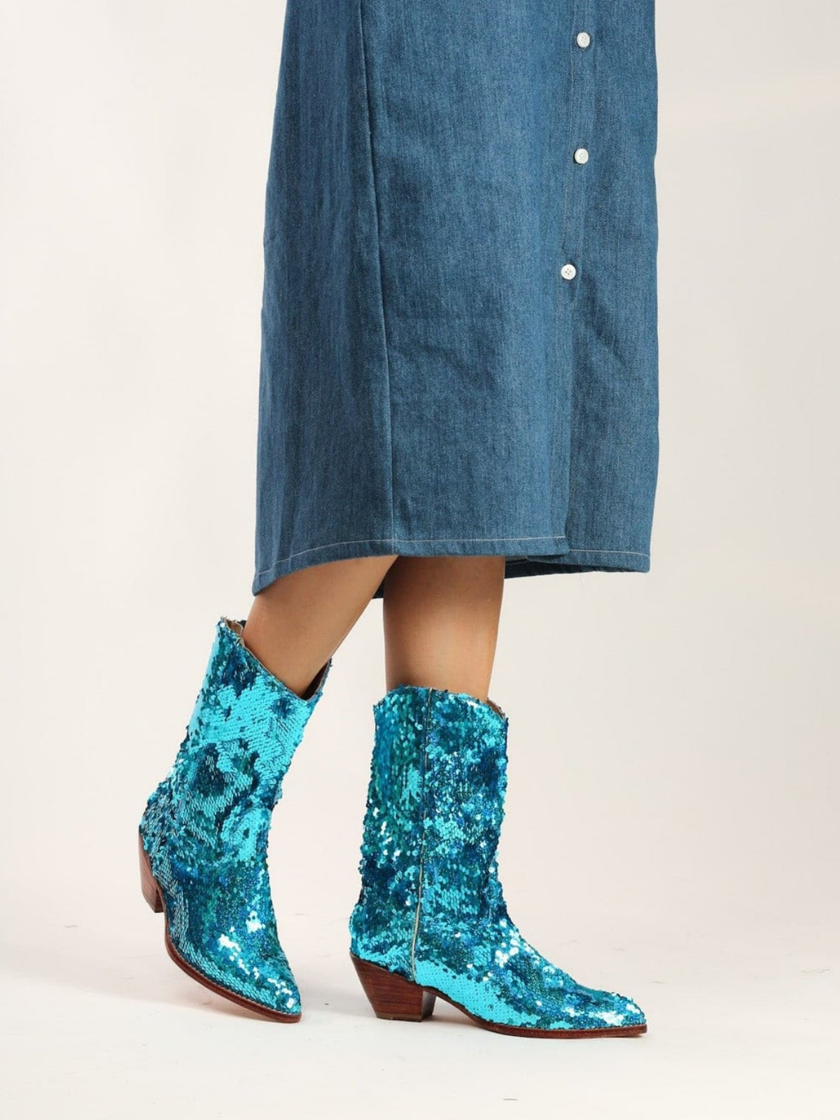 Turquoise Embroidered Sequin Faux Suede Almond-Toe Back-Zip Mid Calf Cowgirl Boots