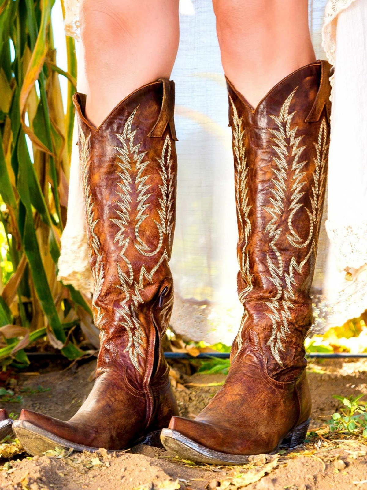 Embroidery Half-Zip Snip-Toe Tall Knee High Cowgirl Boots - Distressed Brown