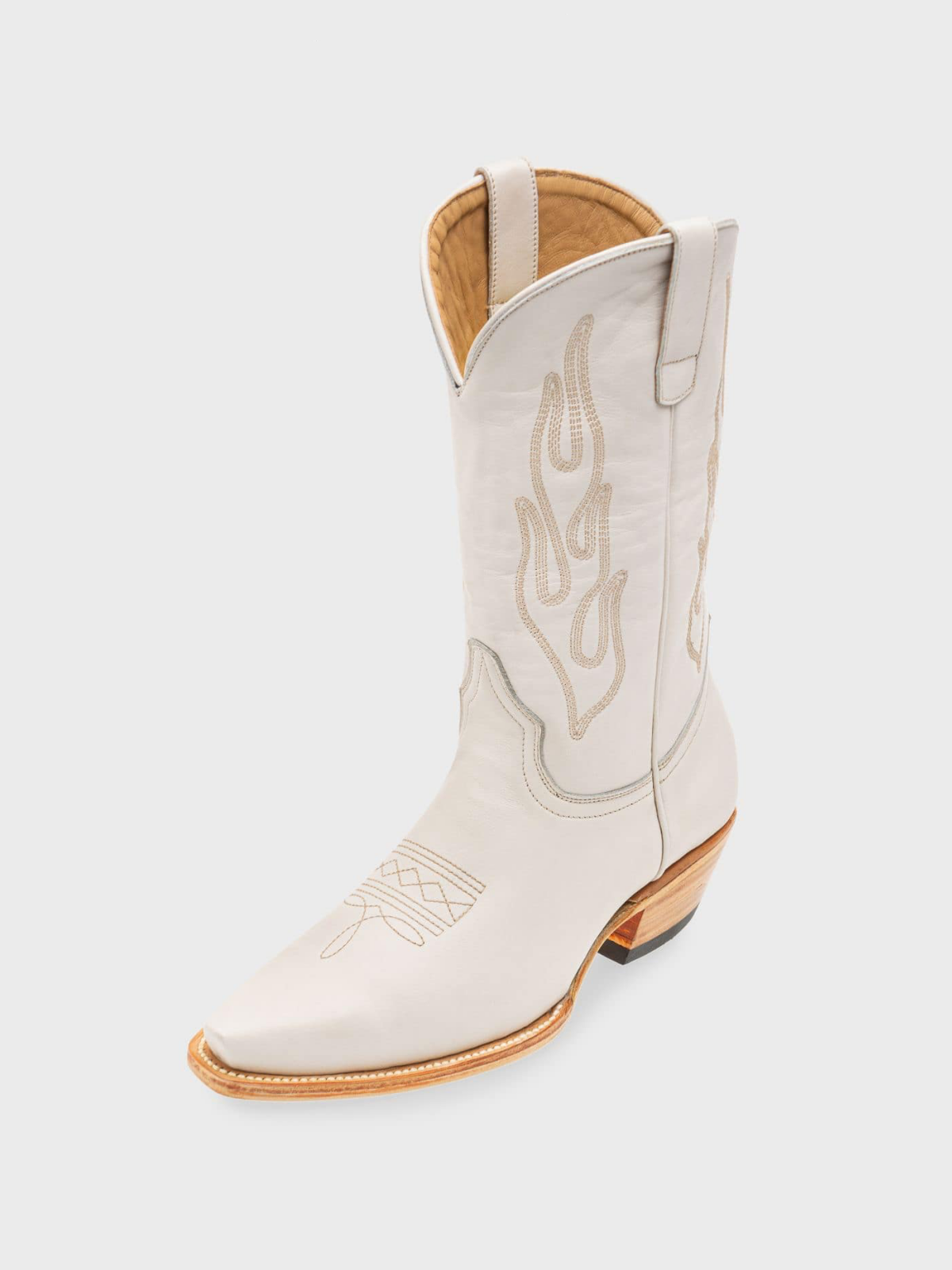 Flame Embroidery Snip-Toe Wide Mid Calf Tall Cowgirl Boots - White