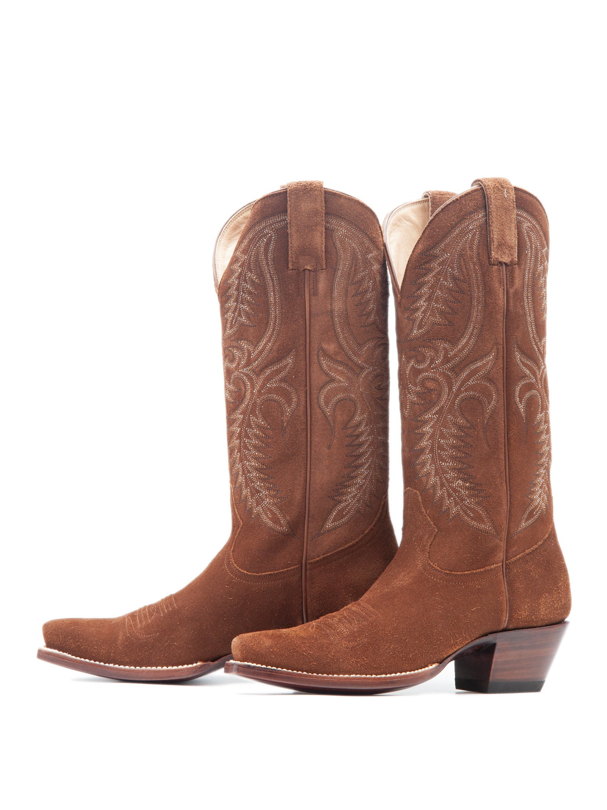 Camel Brown Faux Suede Snip-Toe Embroidery Wide Mid Calf Tall Cowgirl Boots