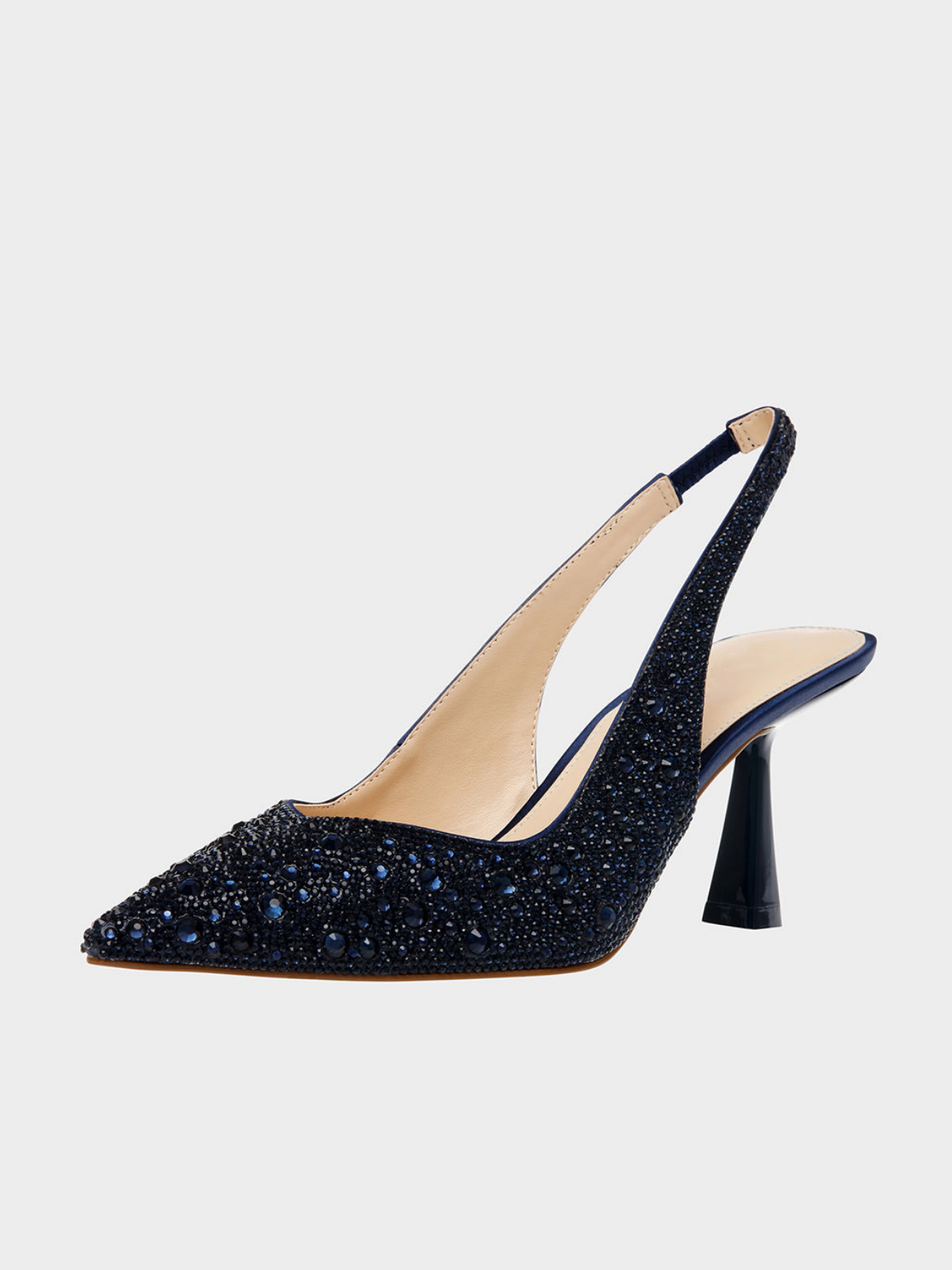 Navy Blue Faux Suede Pointed-Toe Rhinestone Slingback Kitten Heels