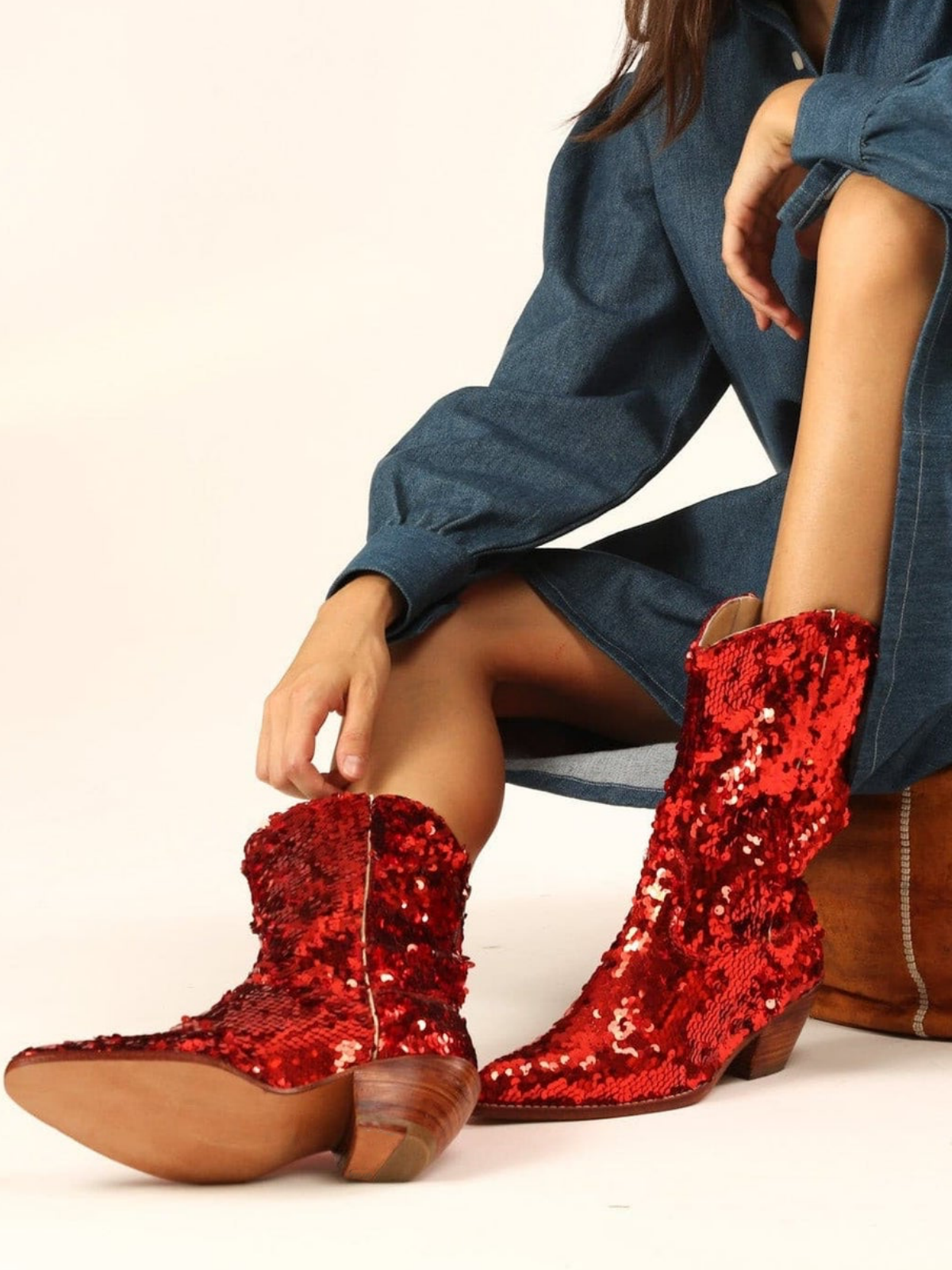 Red Embroidered Sequin Faux Suede Almond-Toe Back-Zip Mid Calf Cowgirl Boots