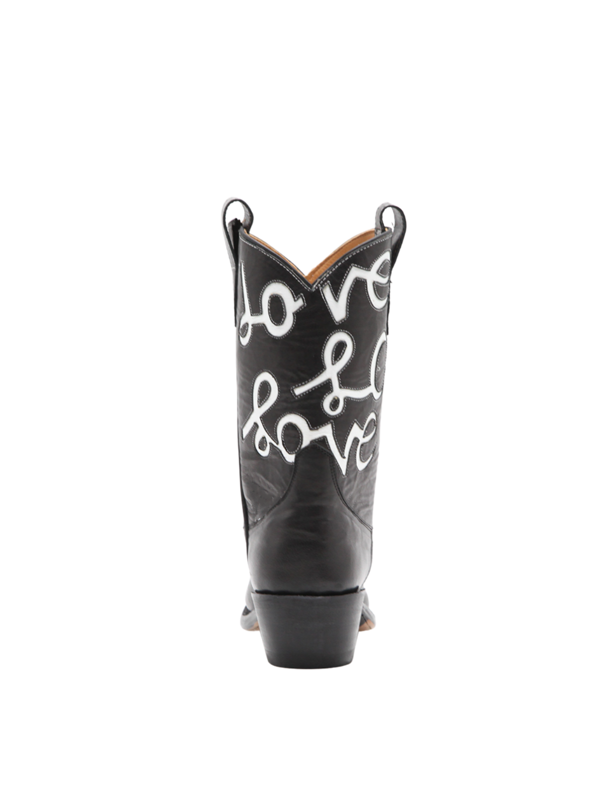 Black Snip-Toe Wide Mid Calf Cowgirl Boots With White LOVE Inlay