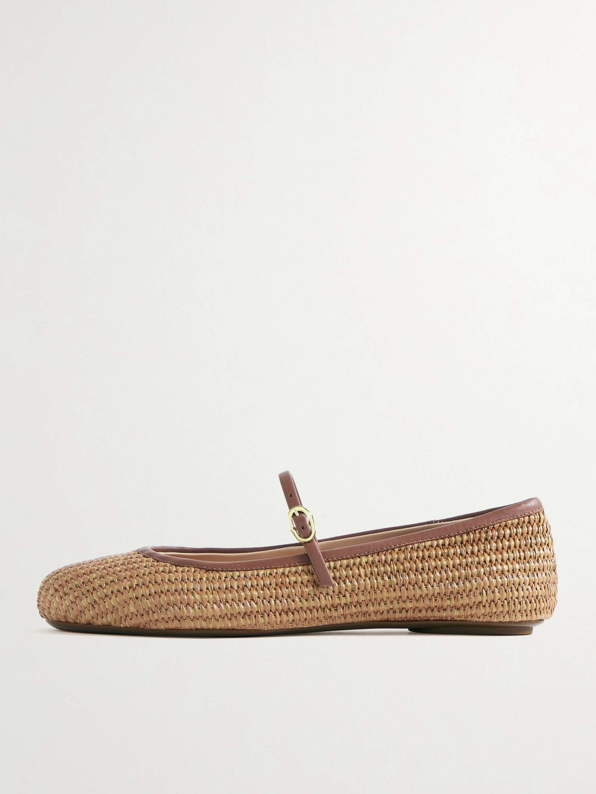 Tan Raffia Woven Ballet Flats Mary Janes With Buckled Strap