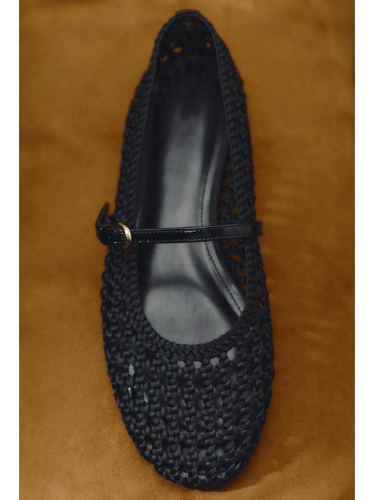 Black Satin Woven Round-Toe Bridge Strap Ballet Flats