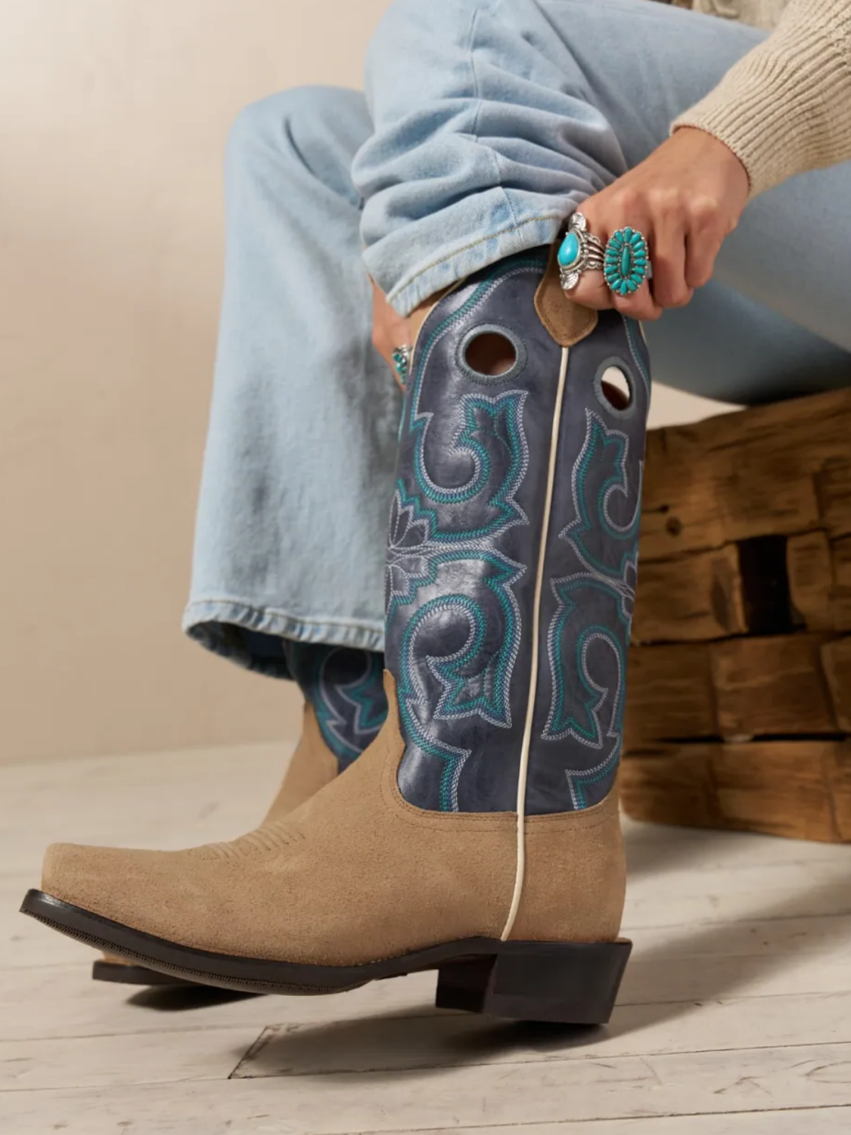 Contrast Indigo And Tan Faux Suede Square-Toe Embroidery Cutout Wide Mid Calf Cowgirl Boots