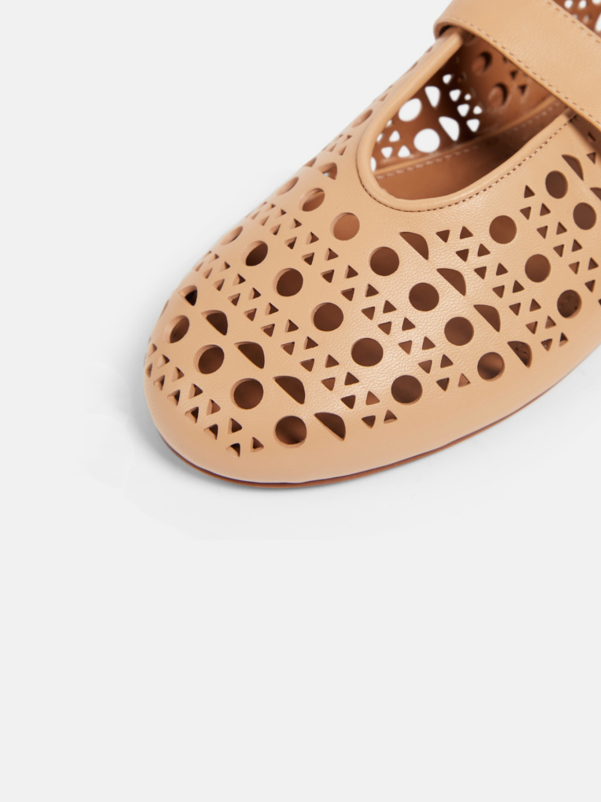 Beige Ballet Flats Mary Janes With Perforations And Buckled Strap