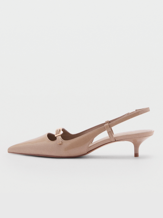 Light Brown Patent Pointed-Toe Slingback Buckle Kitten Heels