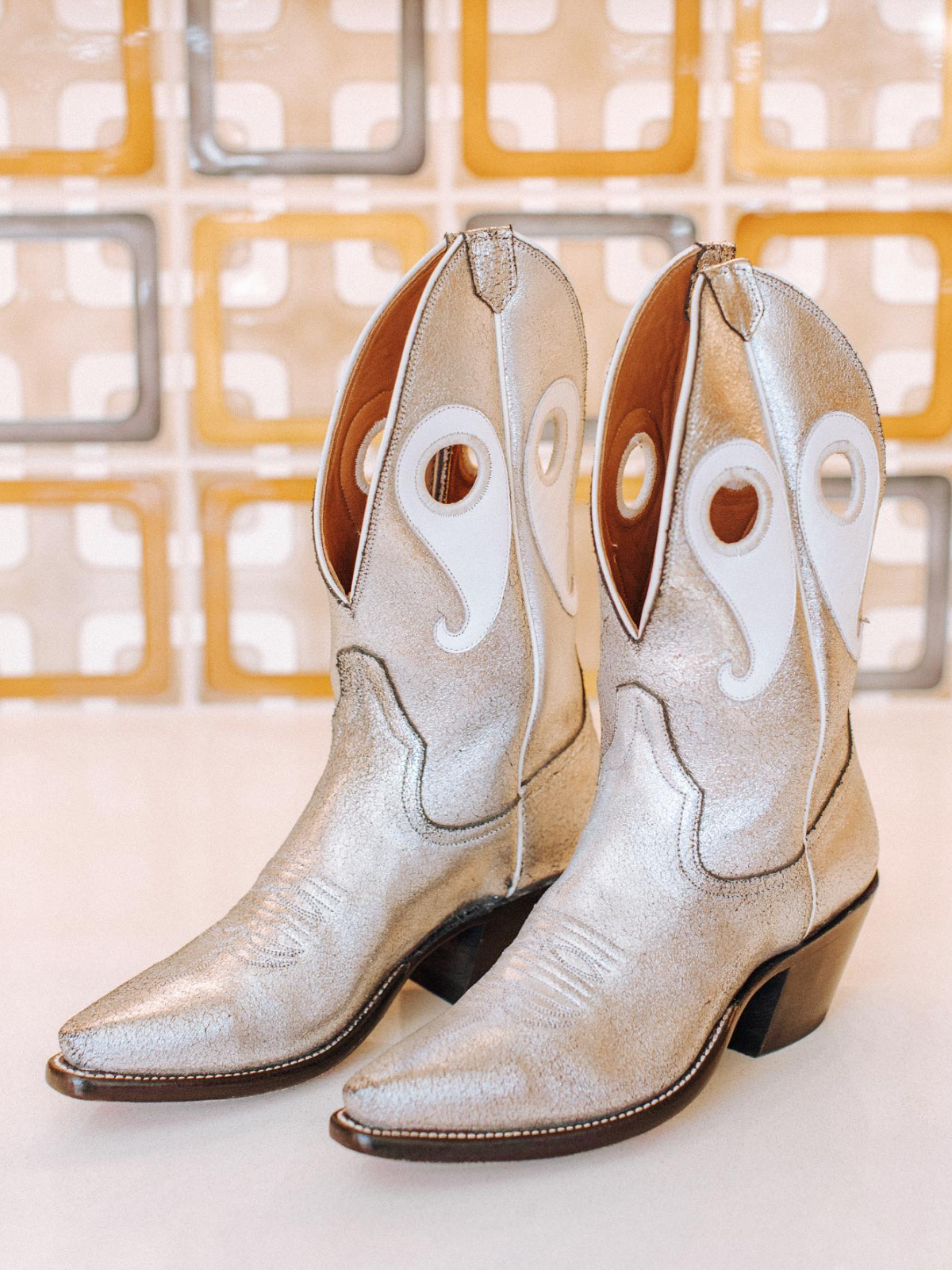 Metallic Silver Cutout Snip-Toe Wide Mid Calf Cowgirl Boots With White Paisley