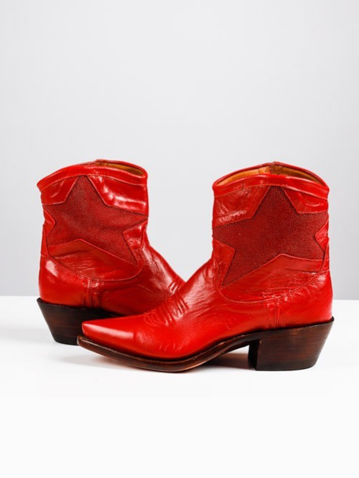 Red Snip-Toe Cowgirl Ankle Booties With Dark Red Big Star Inlay