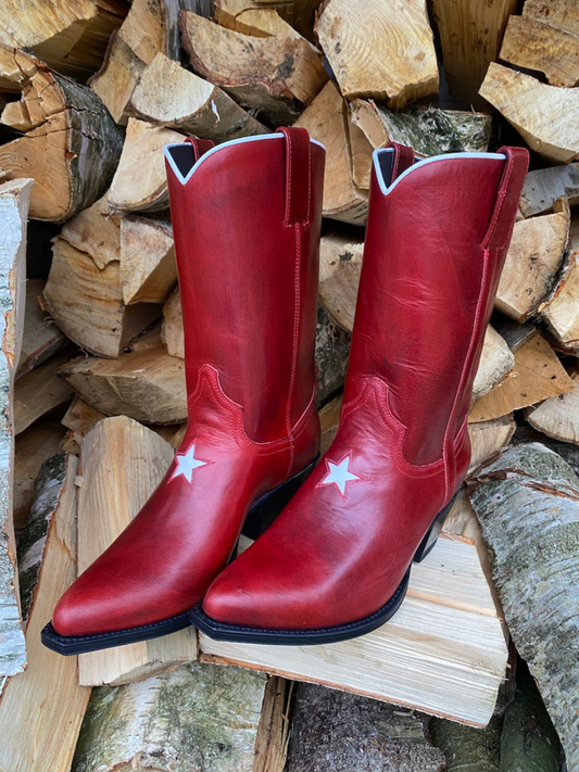 Red Snip-Toe One Star Inlay Wide Mid Calf Cowgirl Boots