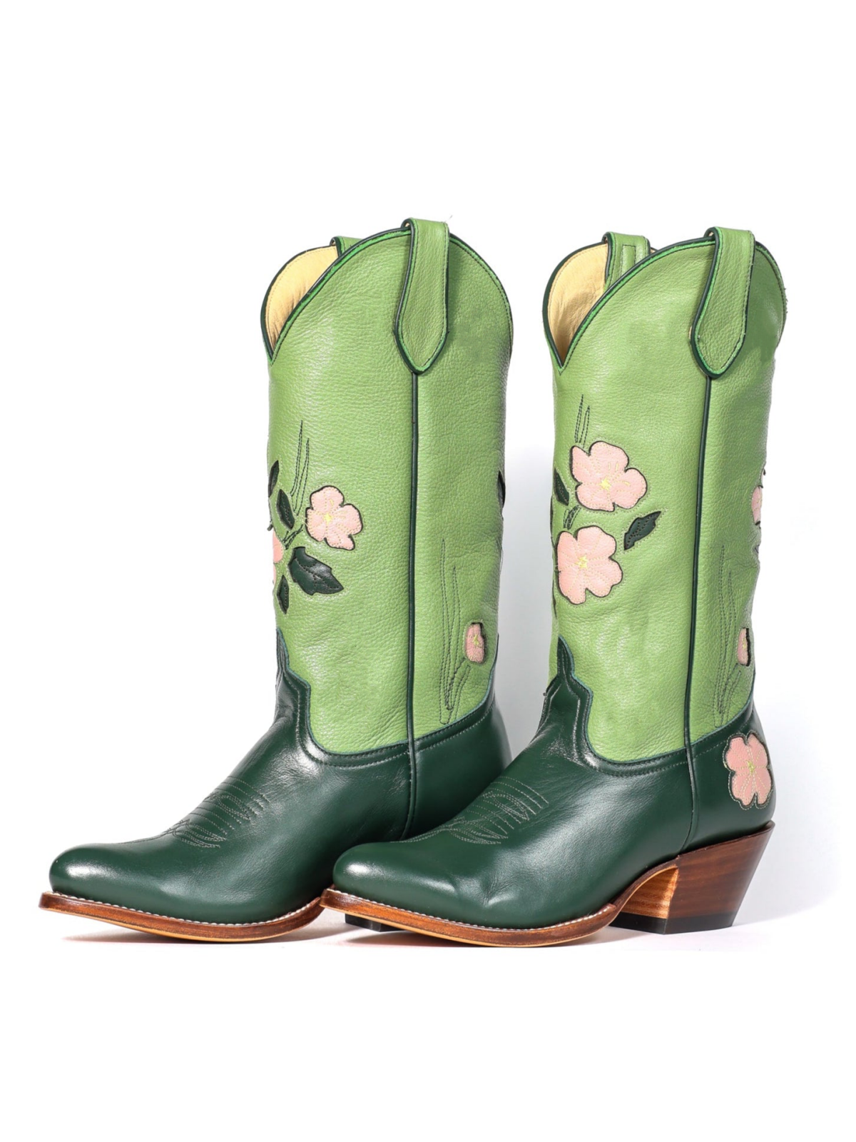 Contrast Green And Brown Almond-Toe Fresh Flower Inlay Wide Mid Calf Cowgirl Boots