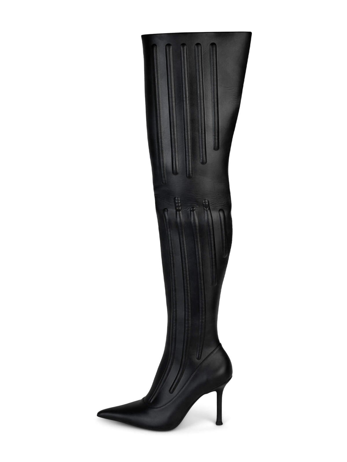 Black Pointed-Toe Padded Half-Zip Over-The-Knee Stiletto Boots