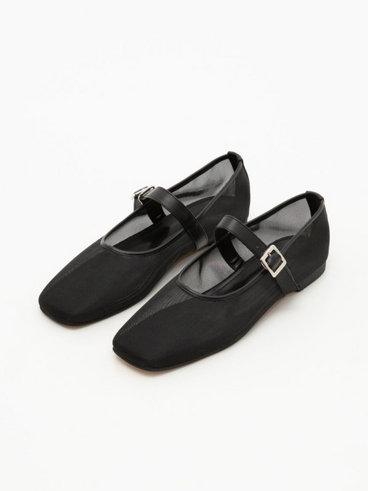 Black Square-Toe Mesh Flats Mary Janes With Buckled Strap